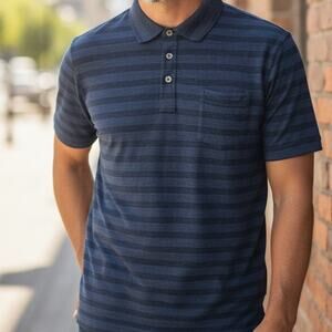 Johnston & Murphy Polo Shirt Pima Cotton Peru Navy Striped Short Sleeve XL